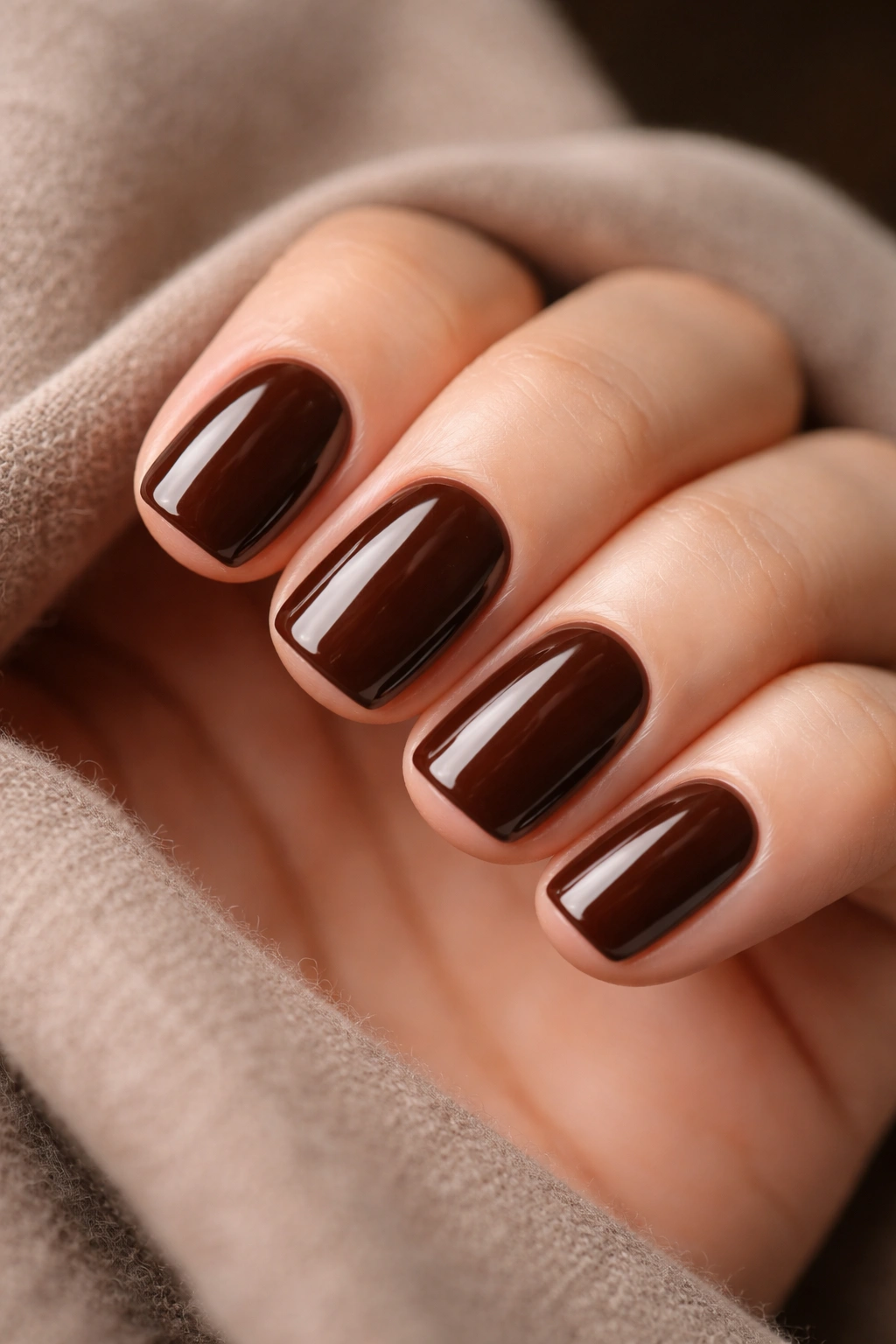 Close-up of short squoval nails in chocolate brown with polished shine