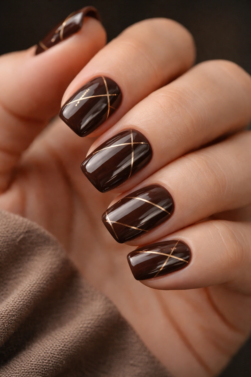 Close-up of chocolate brown squoval nails with gold geometric detailing.