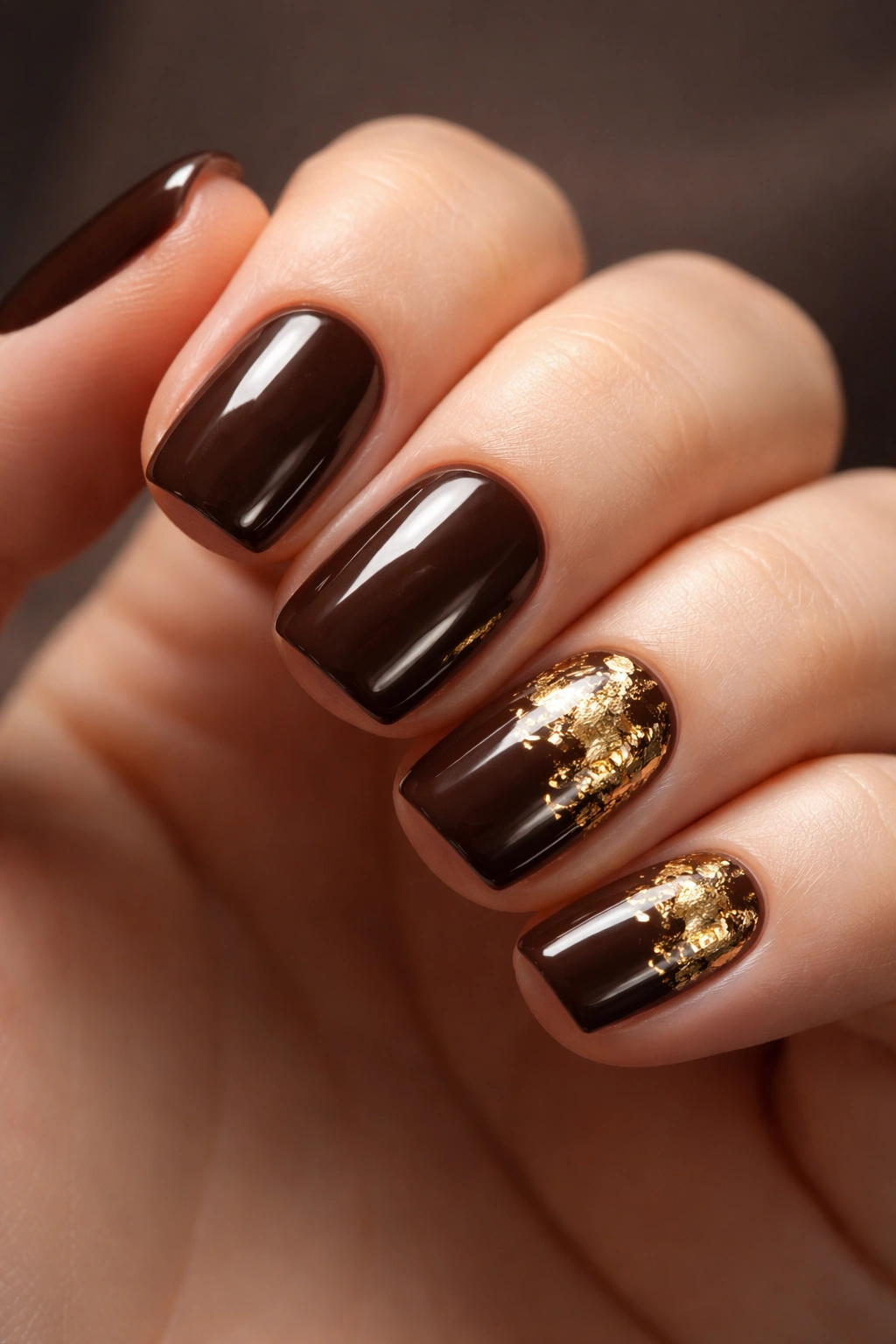 Chocolate brown nails with gold leaf accents close-up
