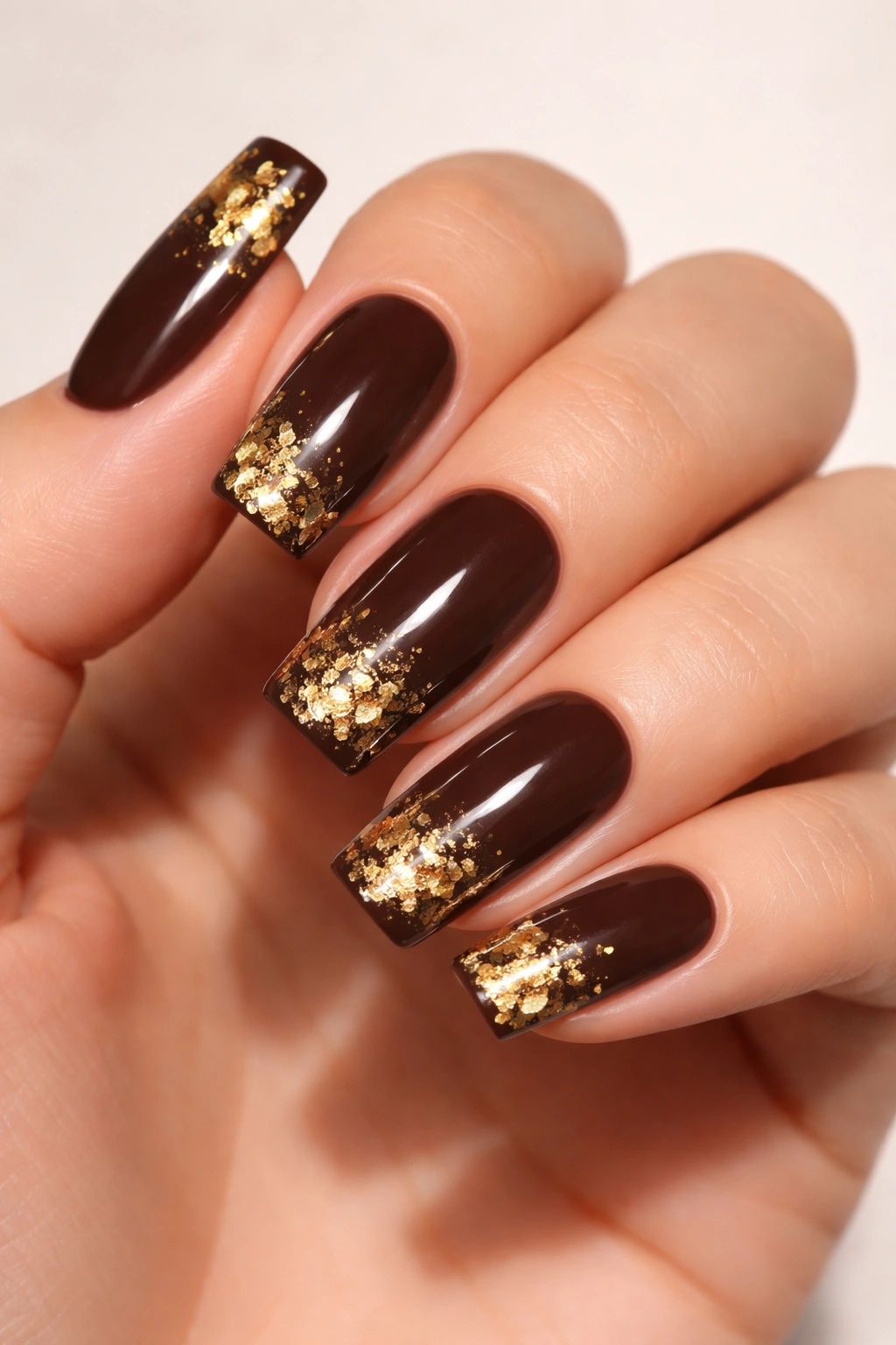 Close-up of chocolate brown nails with gold leaf accents on soft square nails