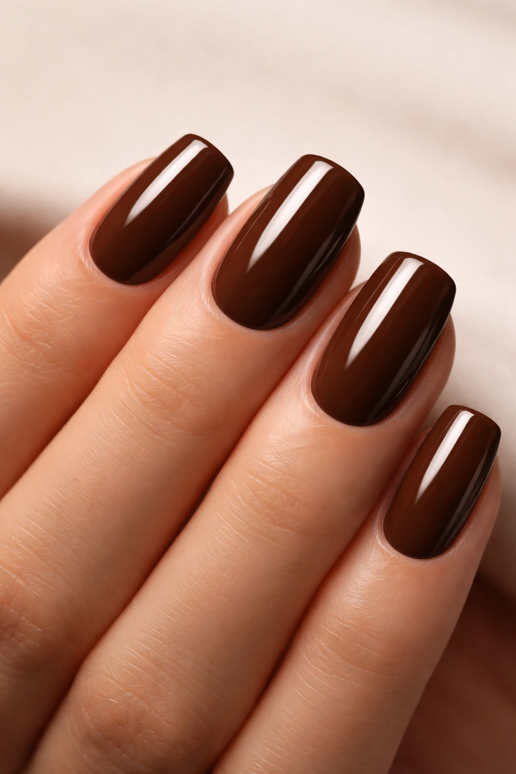 Close-up of nails painted in rich chocolate brown