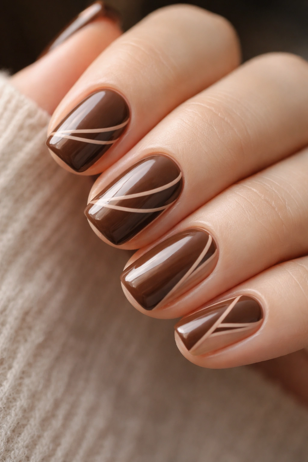 Close-up of chocolate brown nails with negative-space lines