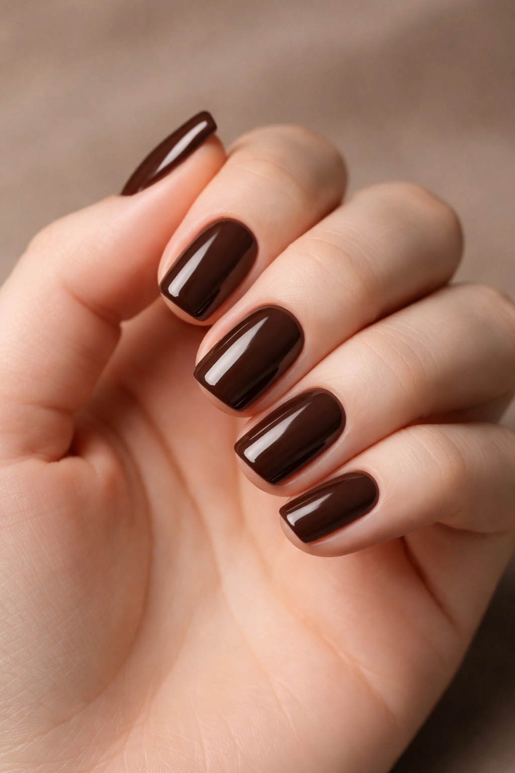 Close-up of pale skin hand with rich chocolate brown nails