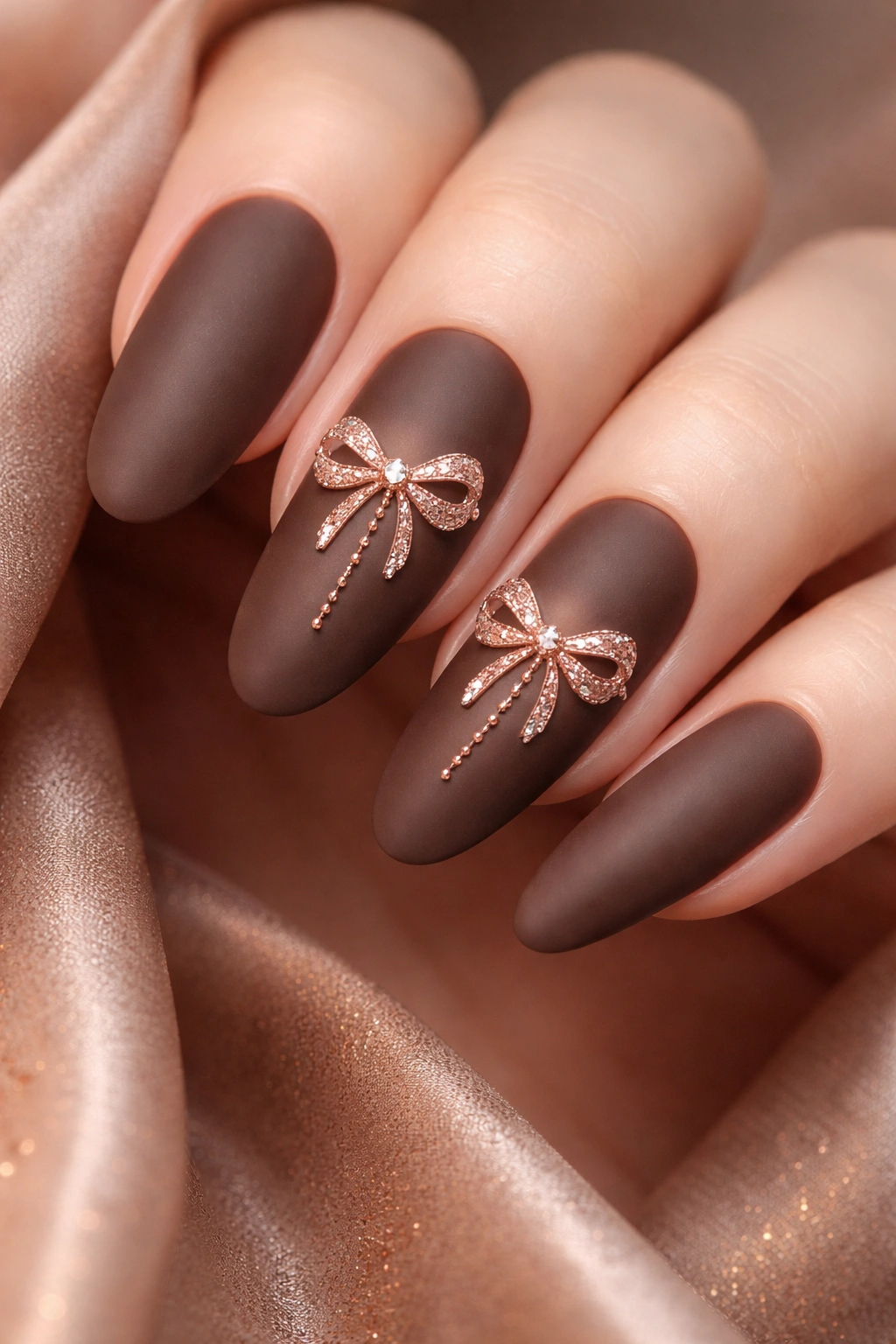 Close-up of chocolate brown nails with rose gold bows on a matte finish.