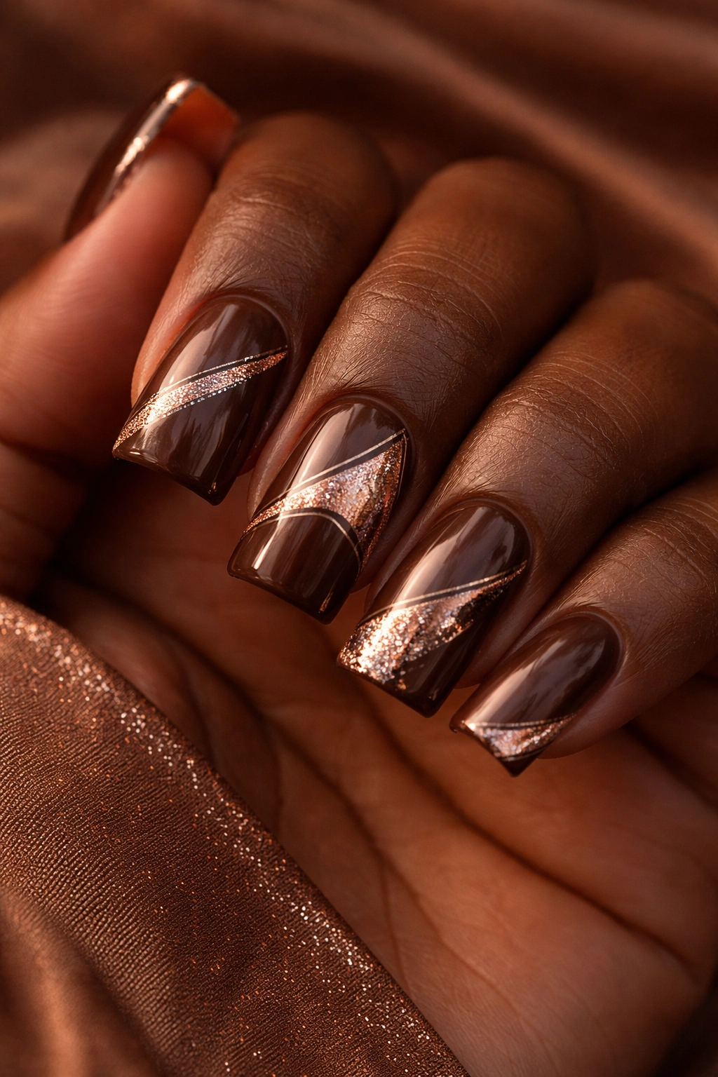 Chocolate brown nails with rose gold accents on dark skin