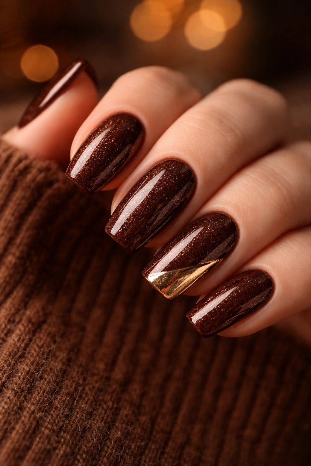 Close-up of chocolate brown shimmering nails with gold chrome accents