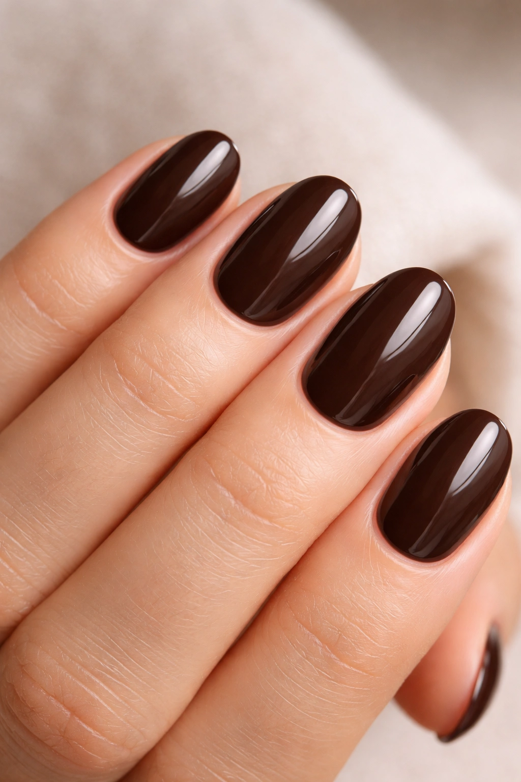 Close-up of a hand with short oval nails in glossy chocolate brown