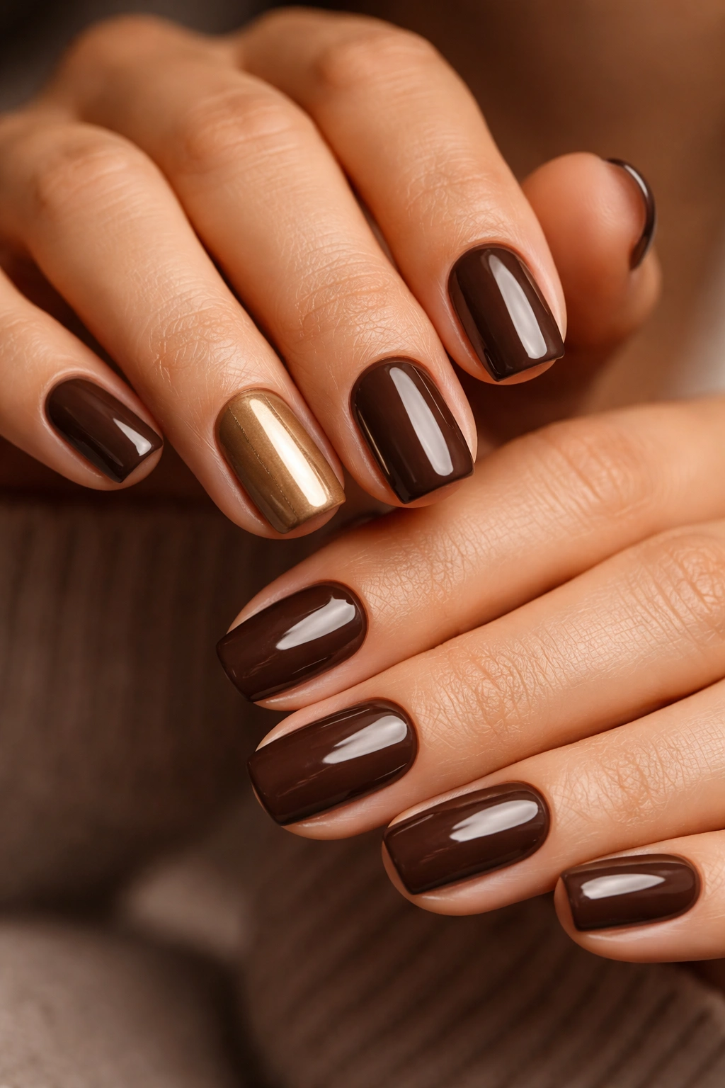 Close-up of chocolate brown squoval nails with a single muted gold accent nail