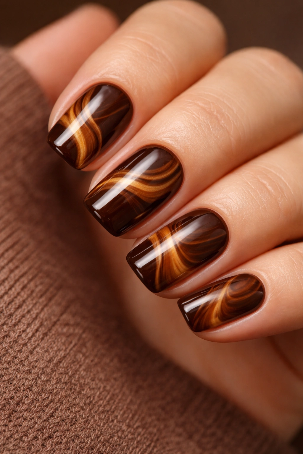 Nails with chocolate brown base and caramel swirls in a marbled pattern.