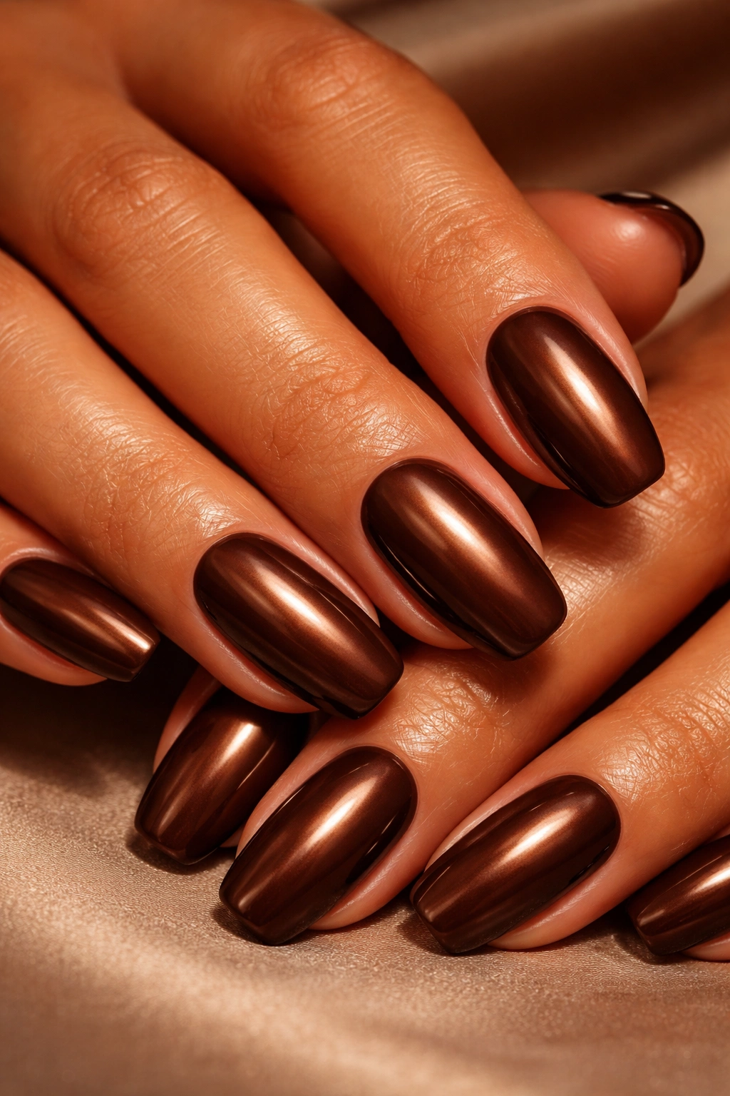 Close-up of chocolate brown nails on tanned skin with warm lighting