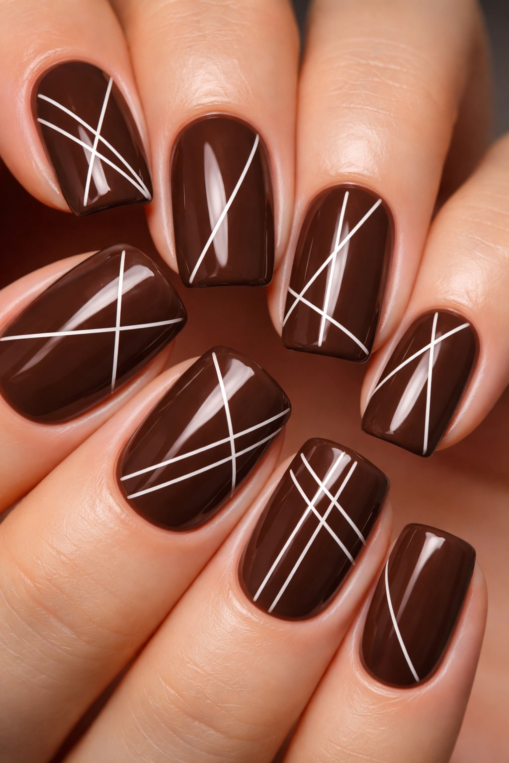 Squoval nails in chocolate brown with thin white geometric lines