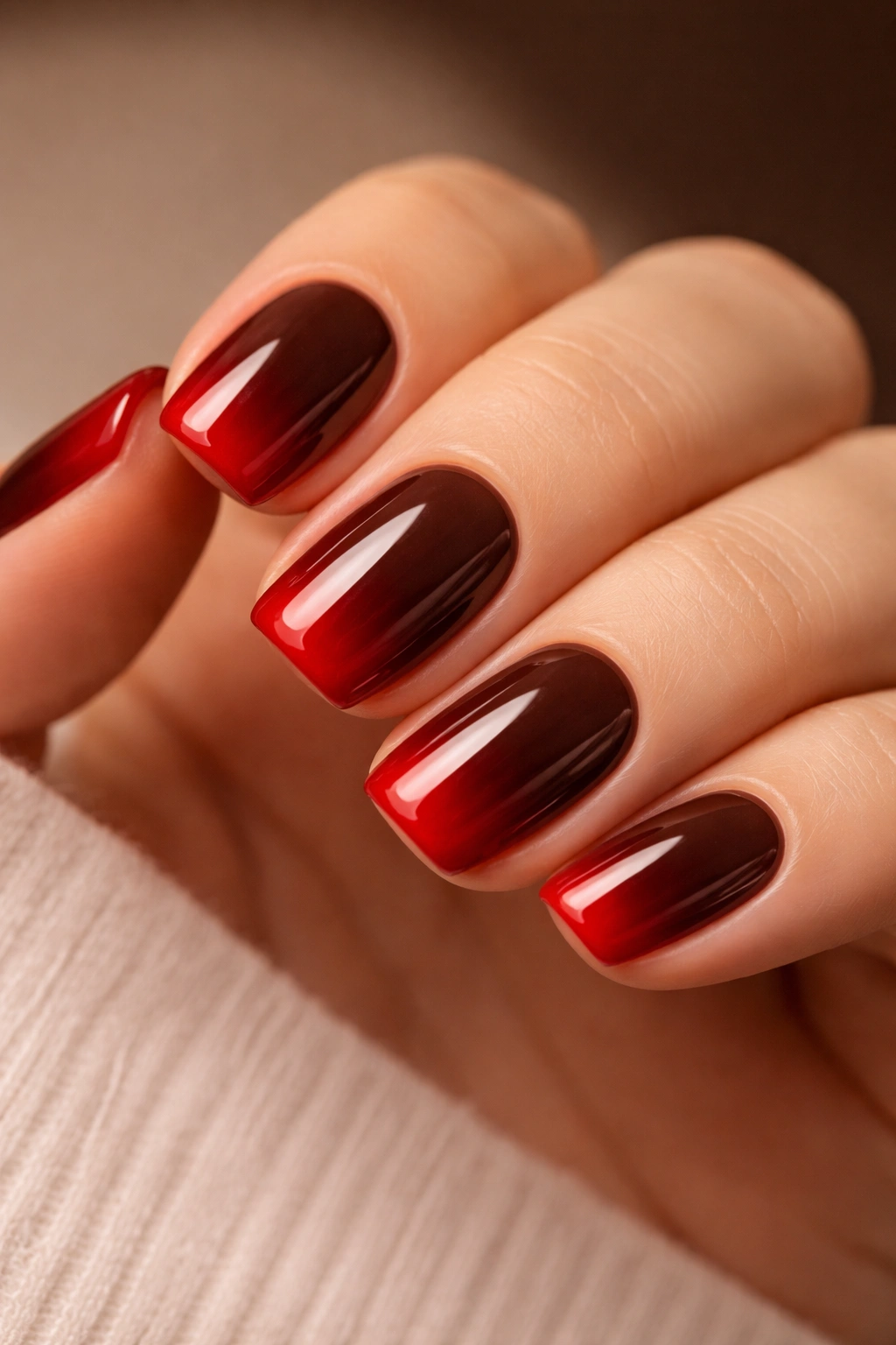 Close-up of chocolate brown base with cherry red tips on squoval nails