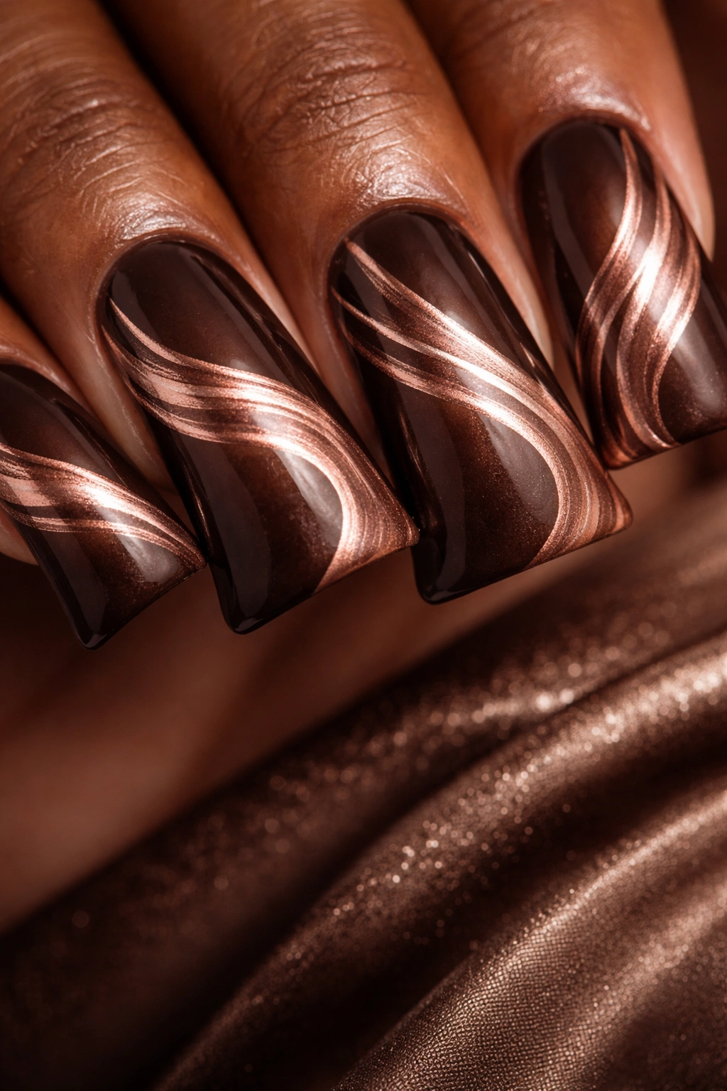 Duck nail tip in chocolate brown with rose gold swirls on a neutral background