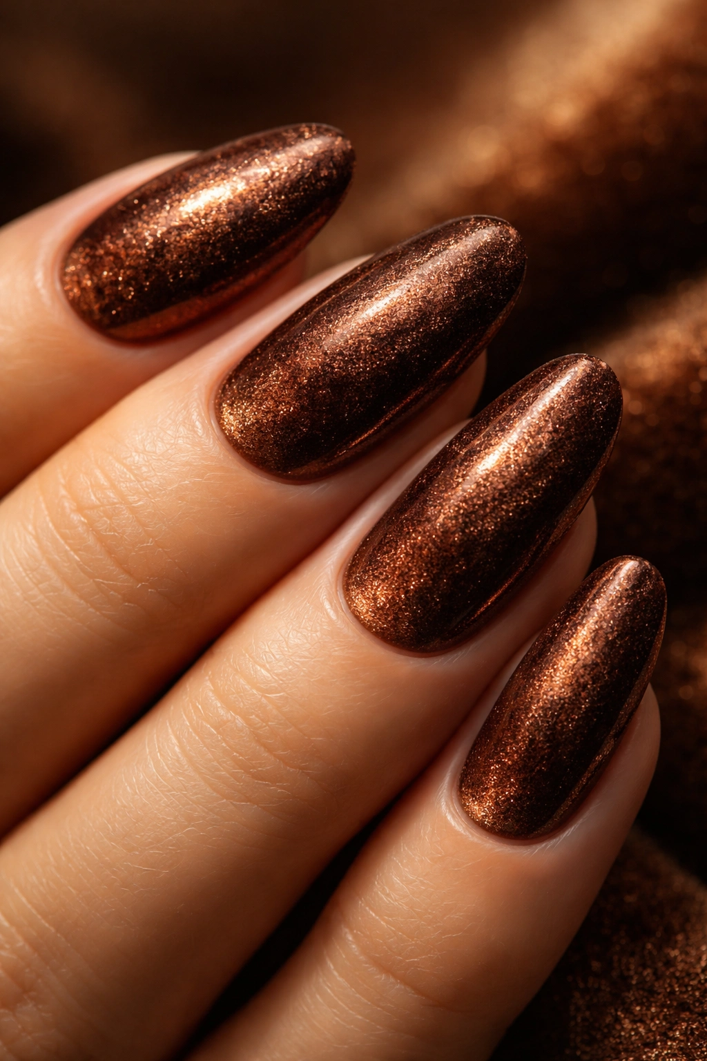 Close-up of chocolate brown velvet nails with bronze shimmer