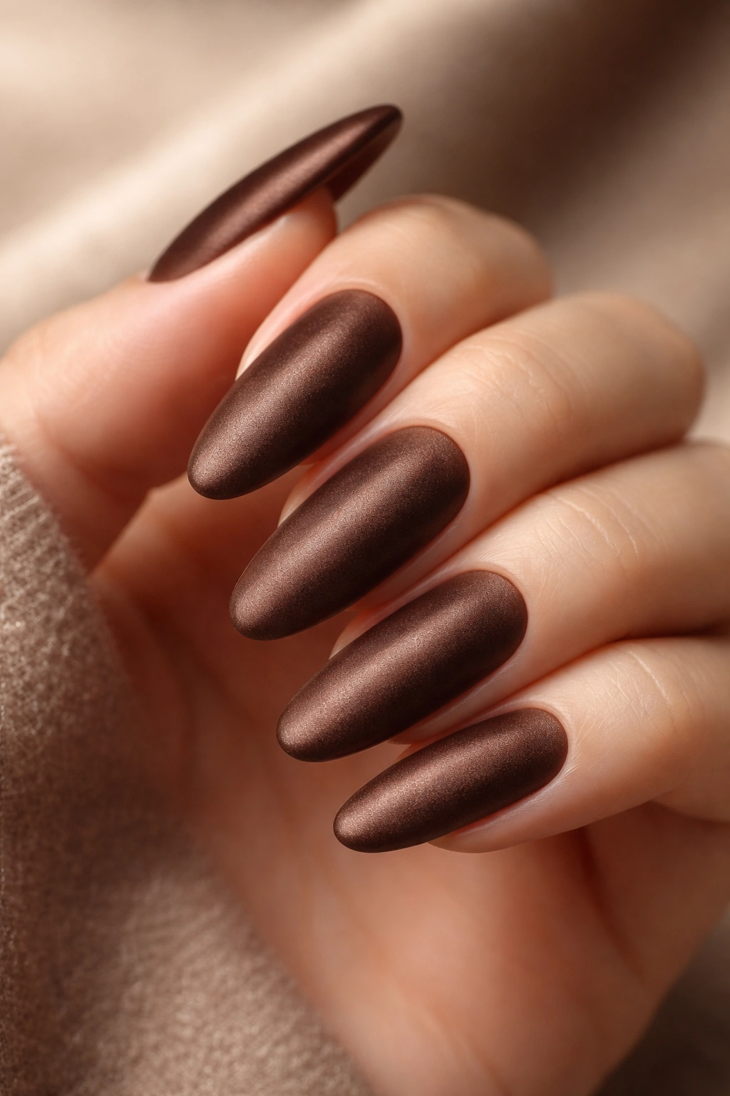 Close-up of long oval nails in chocolate brown velvet finish