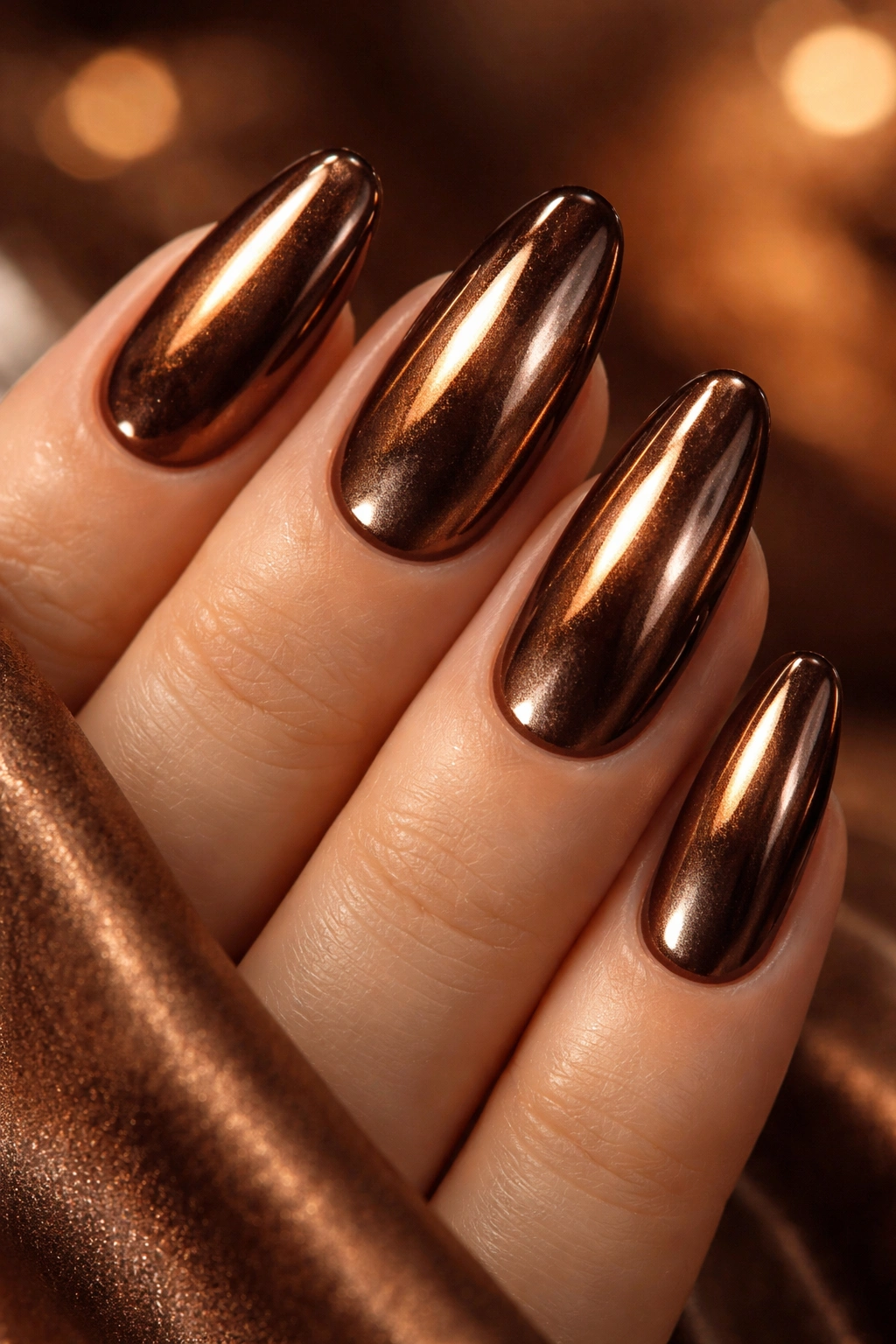 Brown chocolate chrome nails with reflective finish