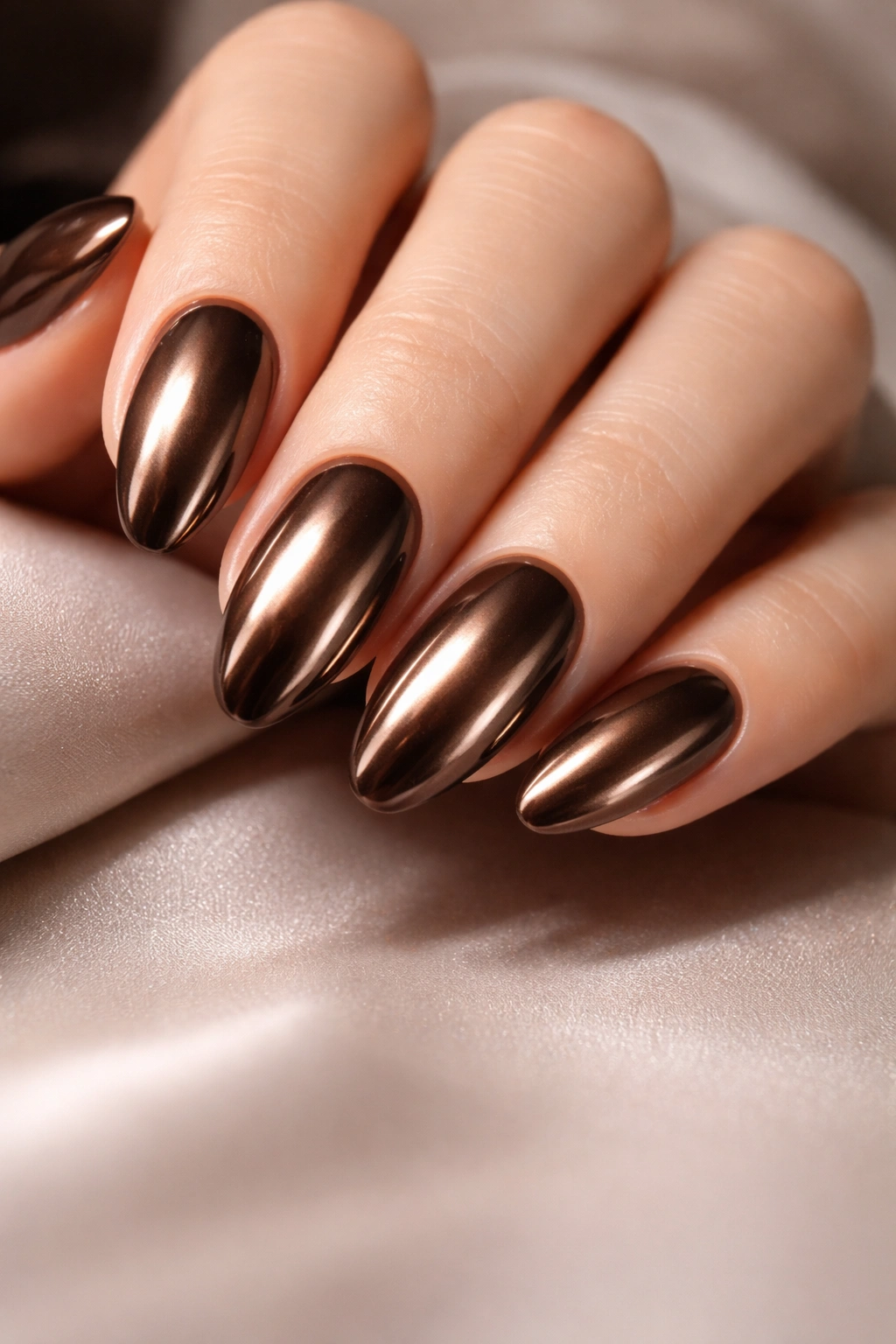 Close-up of chocolate brown nails with chrome mirror finish