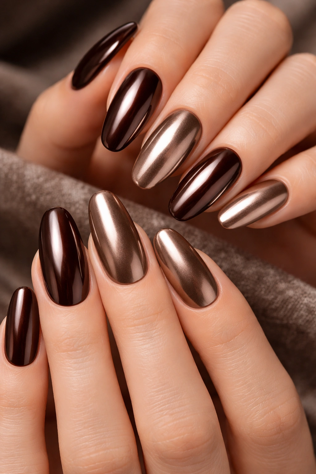 Close-up of chocolate and mocha chrome nails with rich metallic shine