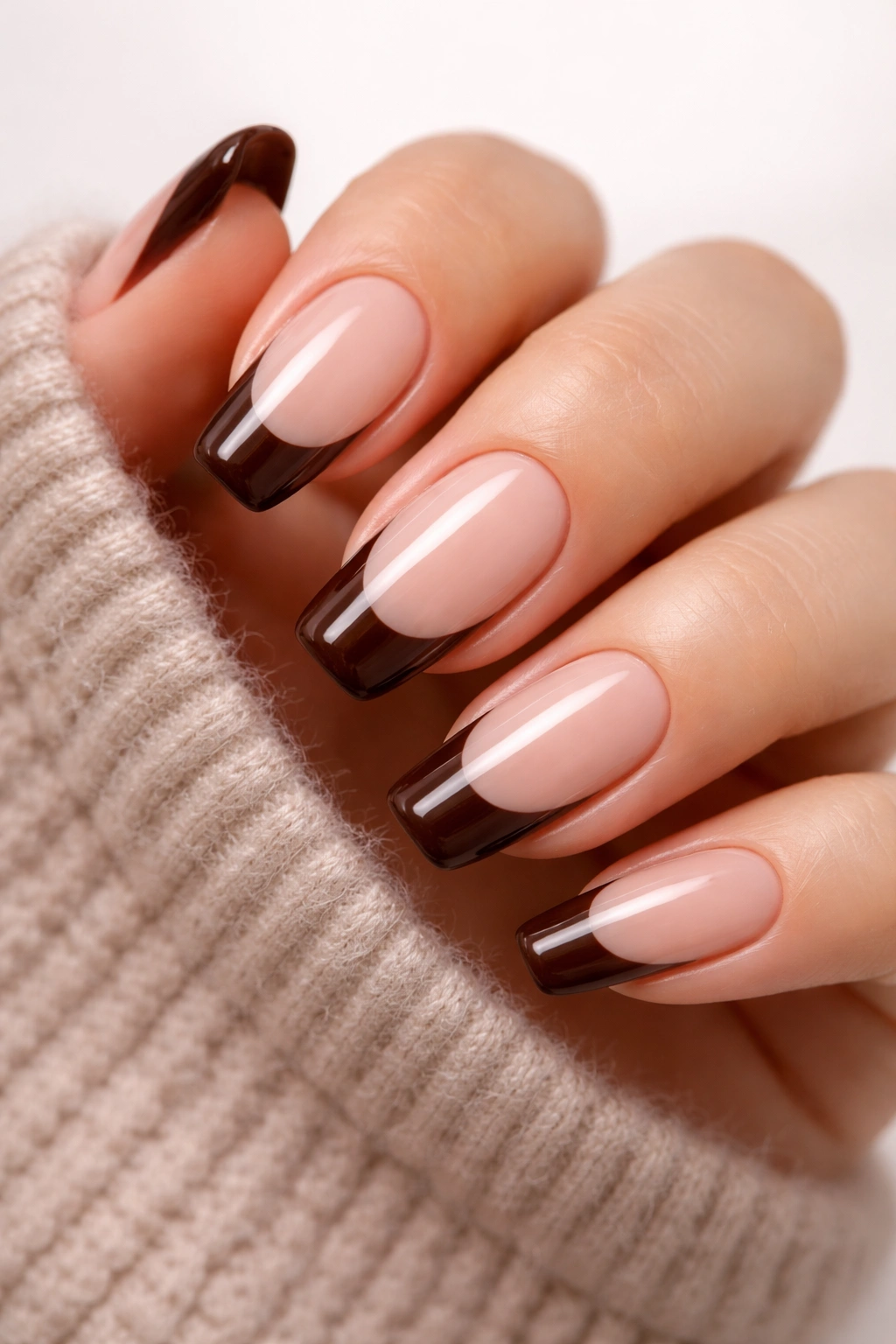 Nails with chocolate brown French tips on nude base