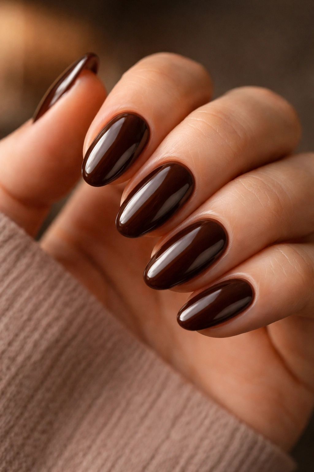 Close-up of chocolate glaze almond nails on a bare hand