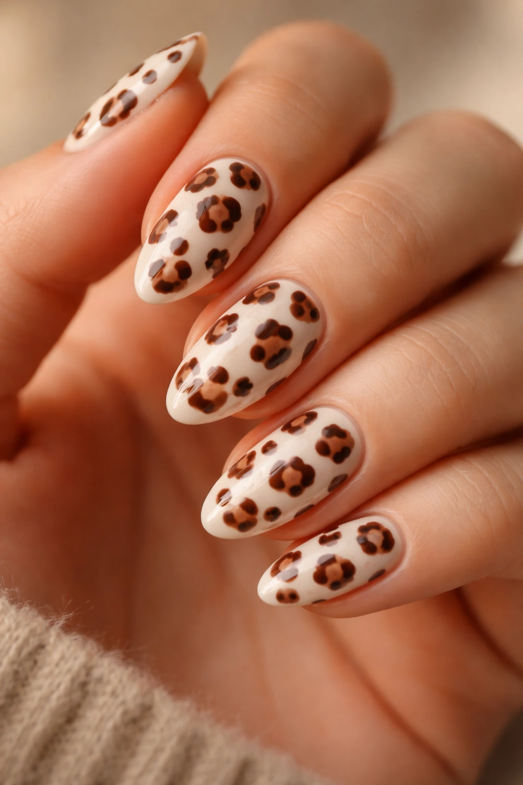 Hand displaying short almond nails with milky white base and chocolate brown leopard spots