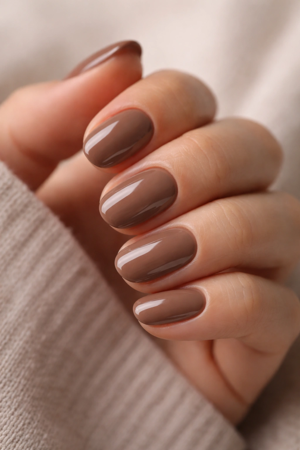 Close-up of short oval nails in chocolate milk shade with glossy finish