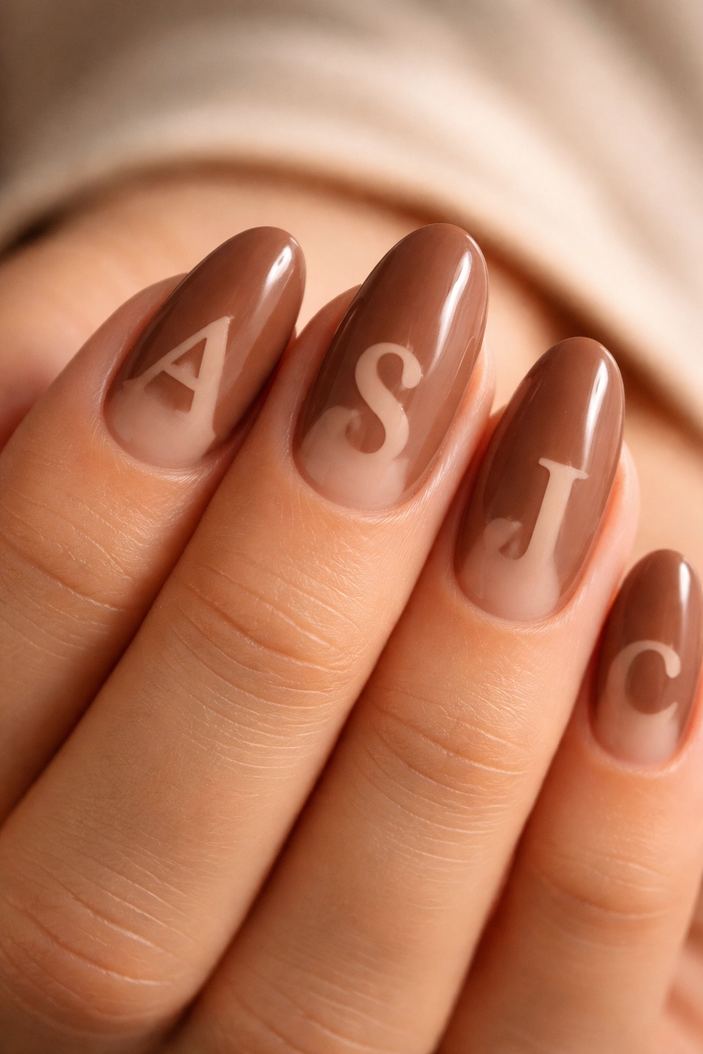 Close-up of short almond nails with chocolate brown base and negative-space monogram shapes