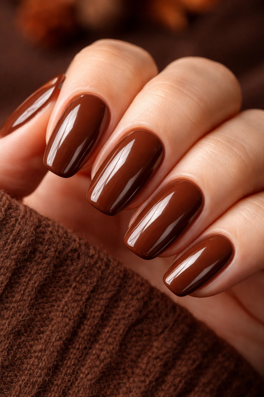 Close-up of nails painted Chocolate Mocha, rich milk-chocolate tone