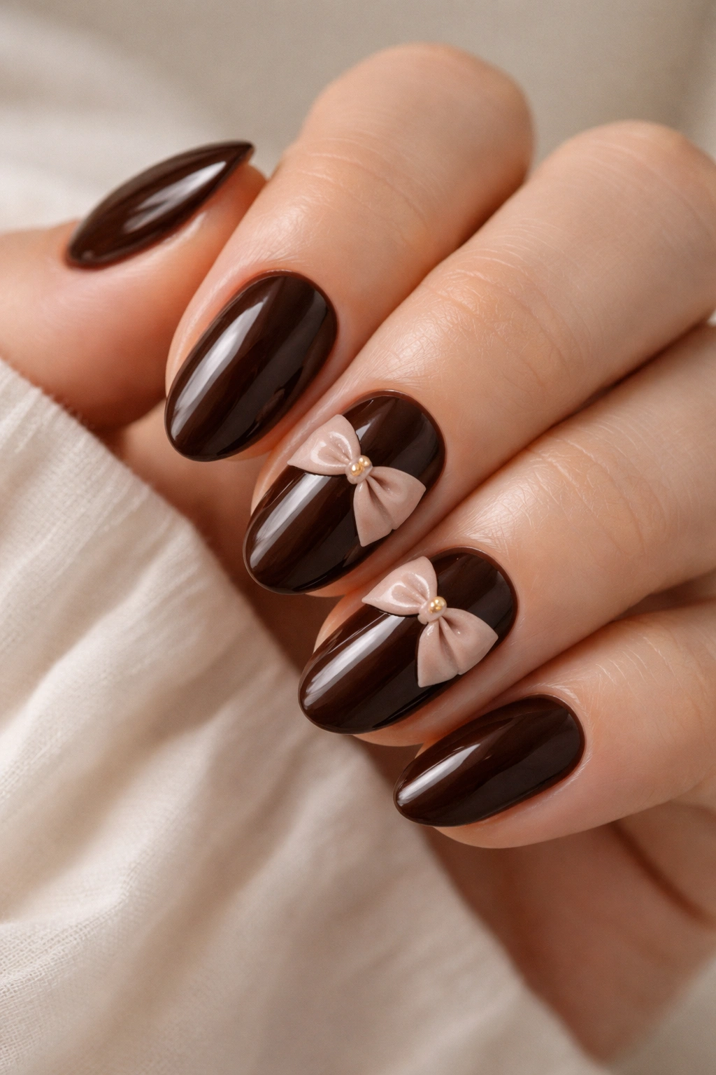 Glossy chocolate brown almond nails with a nude bow