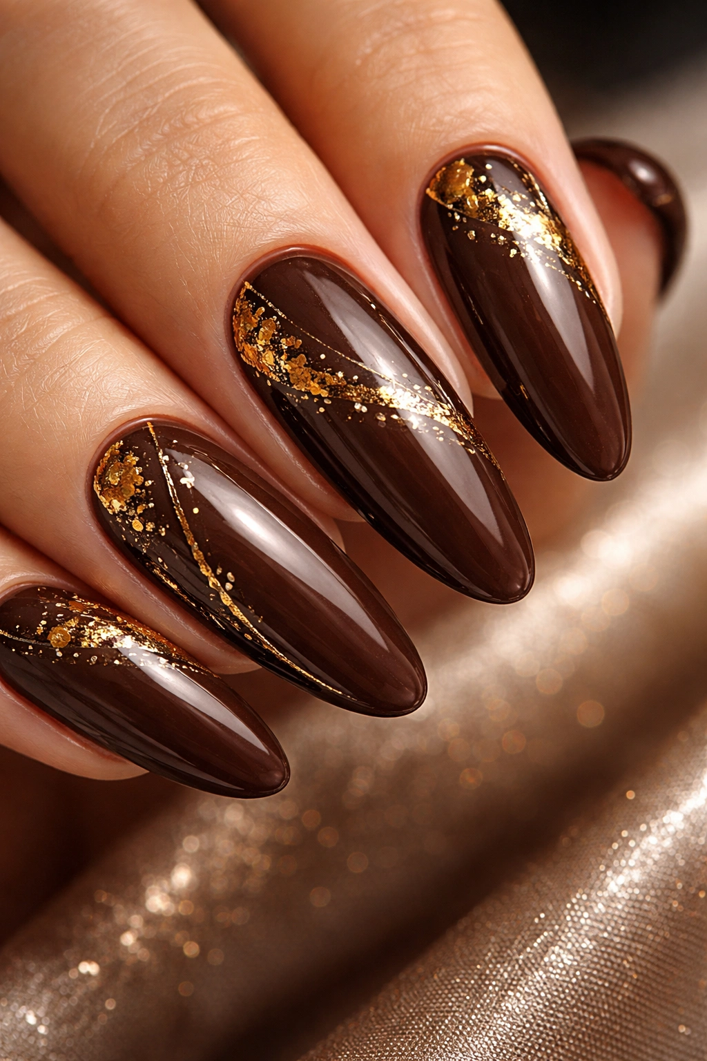 Close-up of chocolate brown nails with gold foil accents