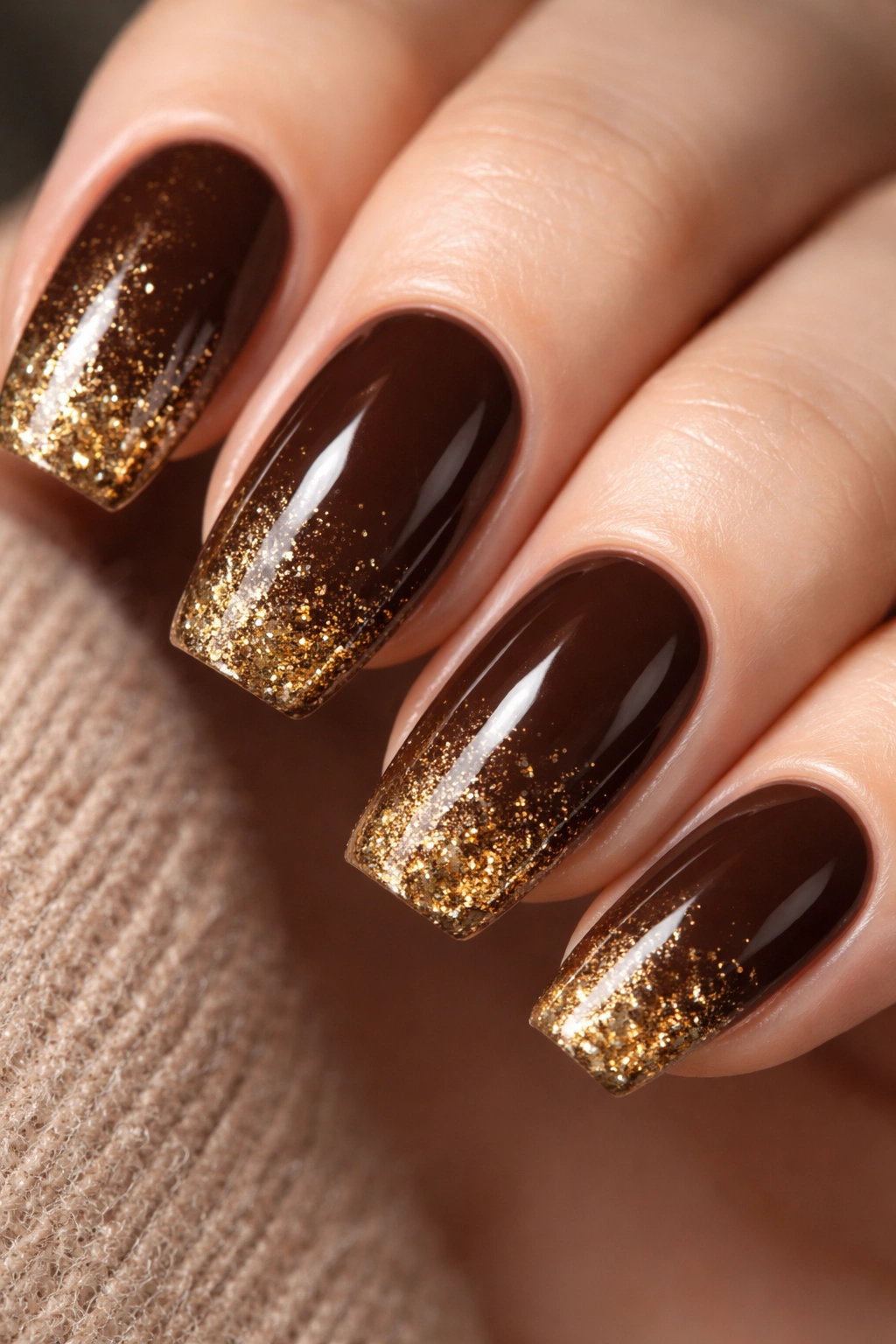 Chocolate brown nails with gold glitter gradient at tips