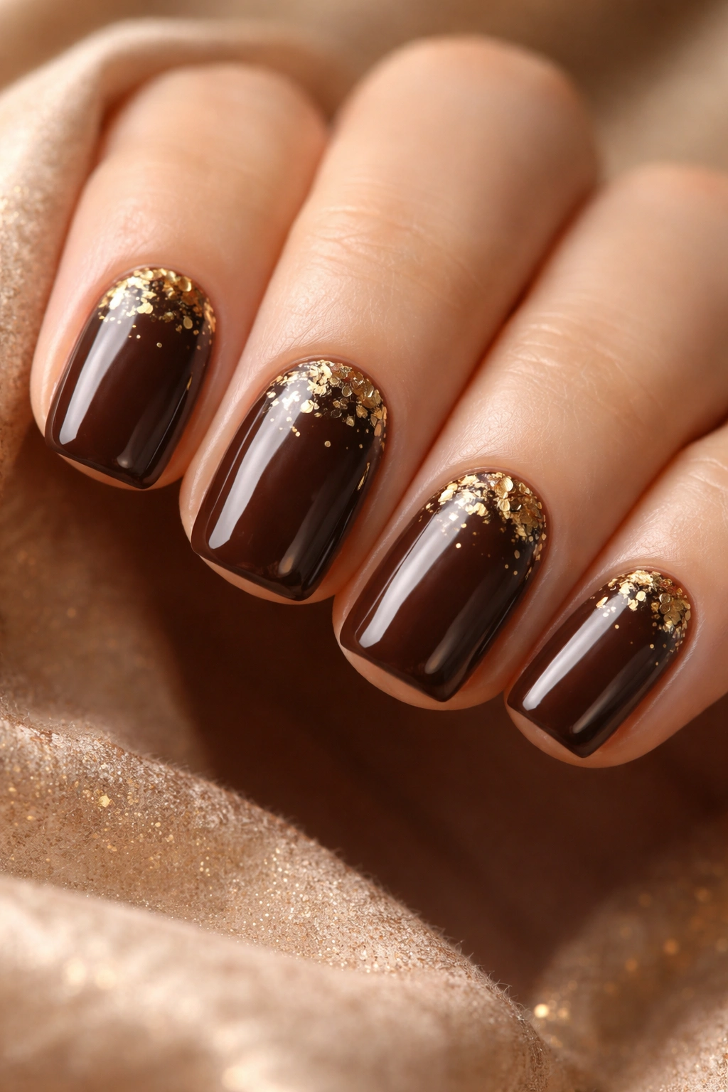 Close-up of short squoval nails in chocolate brown with gold leaf accents