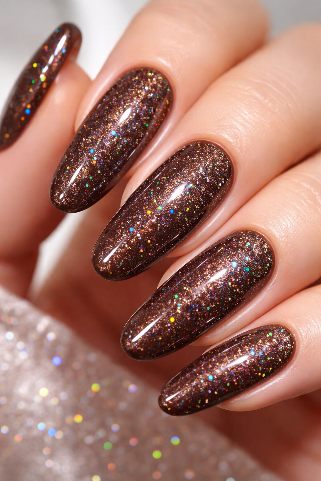 Close-up of chocolate brown nails with rainbow holographic glitter