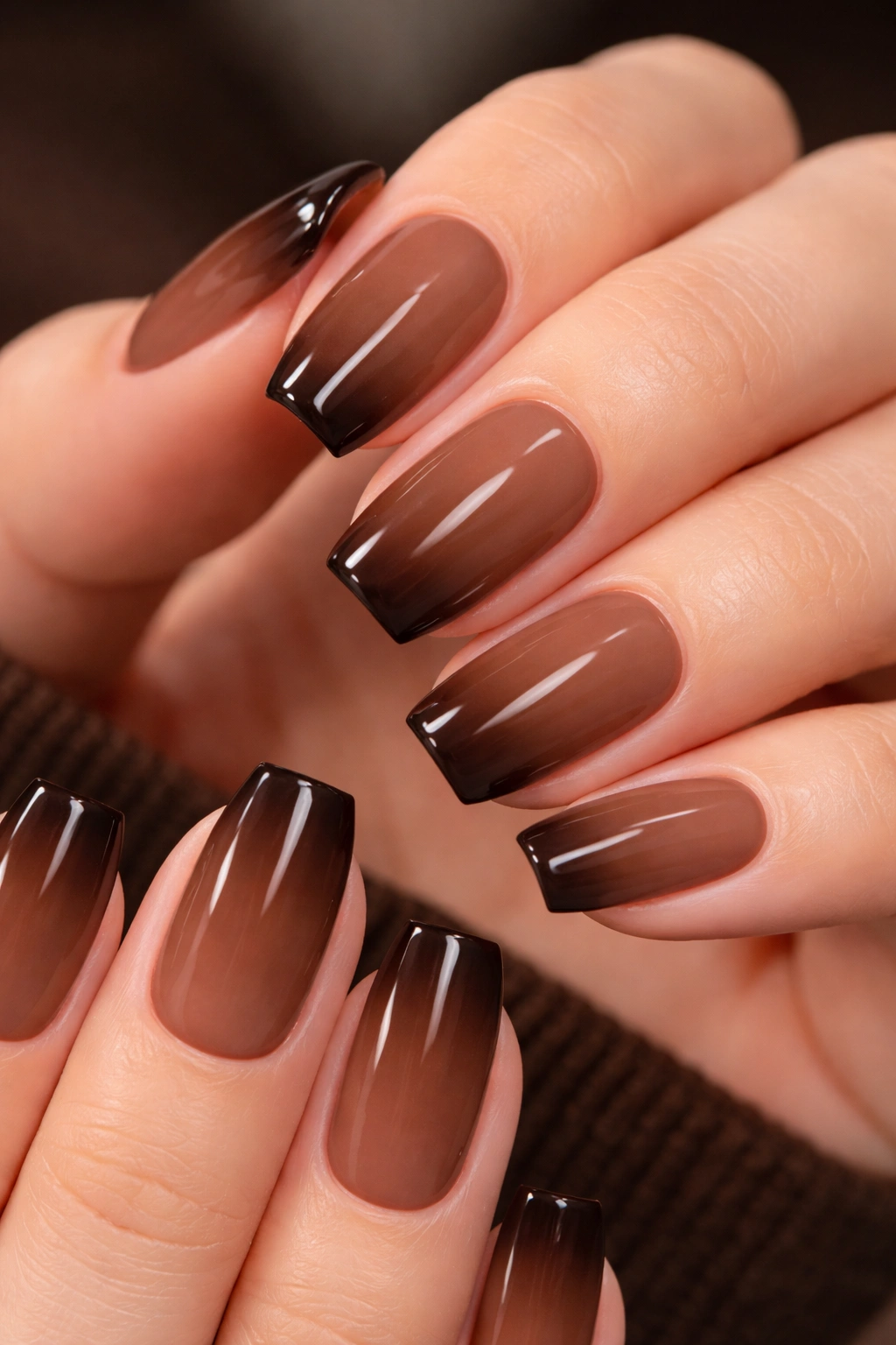 Close-up of coffin nails with milk chocolate base and espresso ombré tips