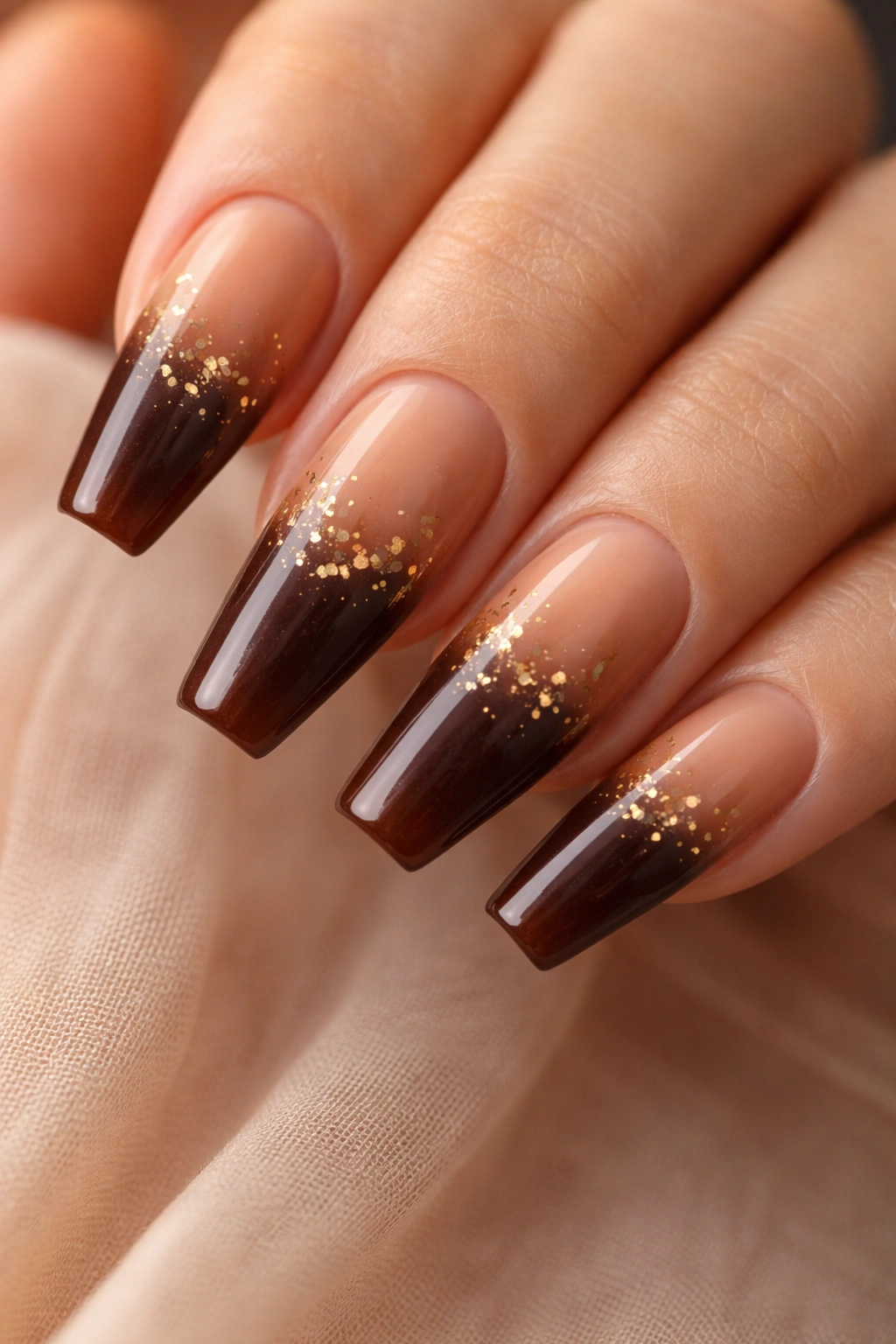 Chocolate ombré nails with gold foil flecks on long ballerina nails