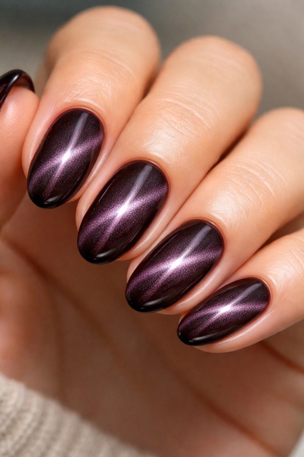 Close-up of short almond nails in chocolate plum with cat-eye shimmer