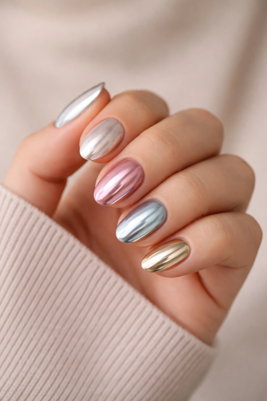 Hand showing different chrome finishes on short almond nails