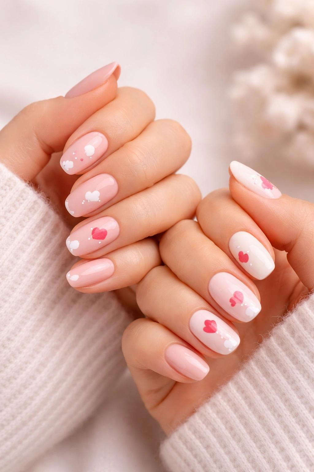 Two hands with matching heart nail designs in complementary colors