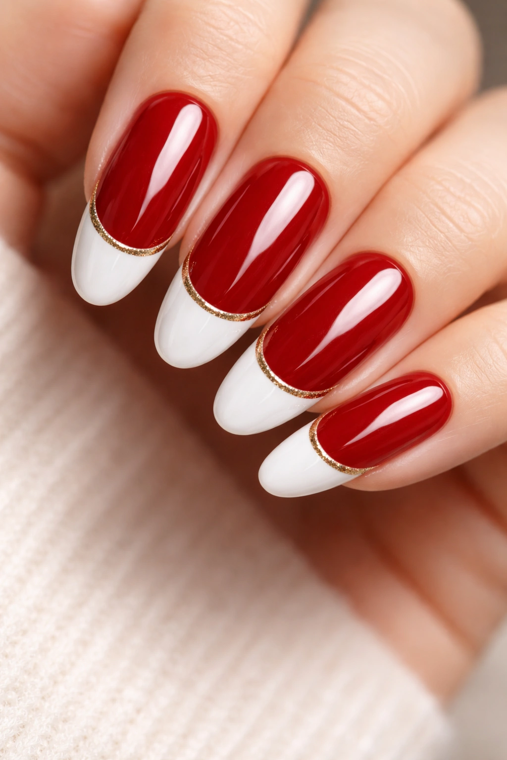 Close-up of long round nails with Christmas red polish, white tips, and fine gold lines