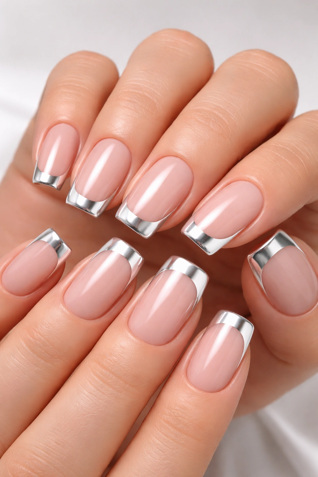 Close-up of chrome-accented soft square French nails with reflective tip