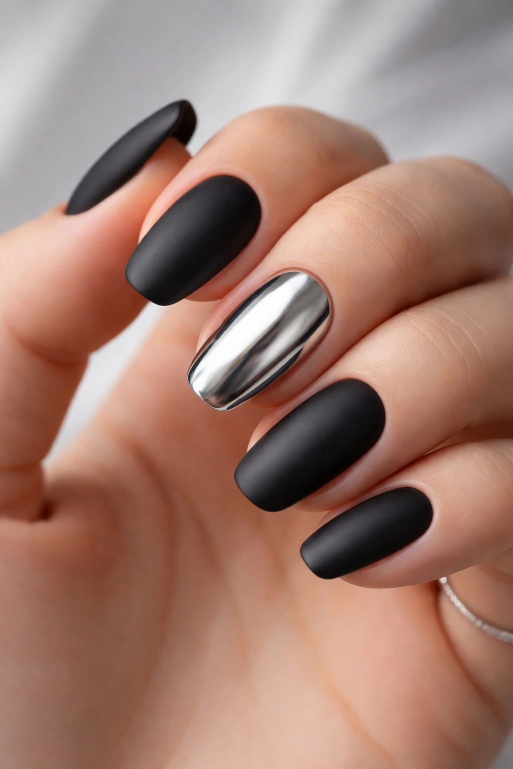 Hand with chrome accent nail on ring finger against matte black nails