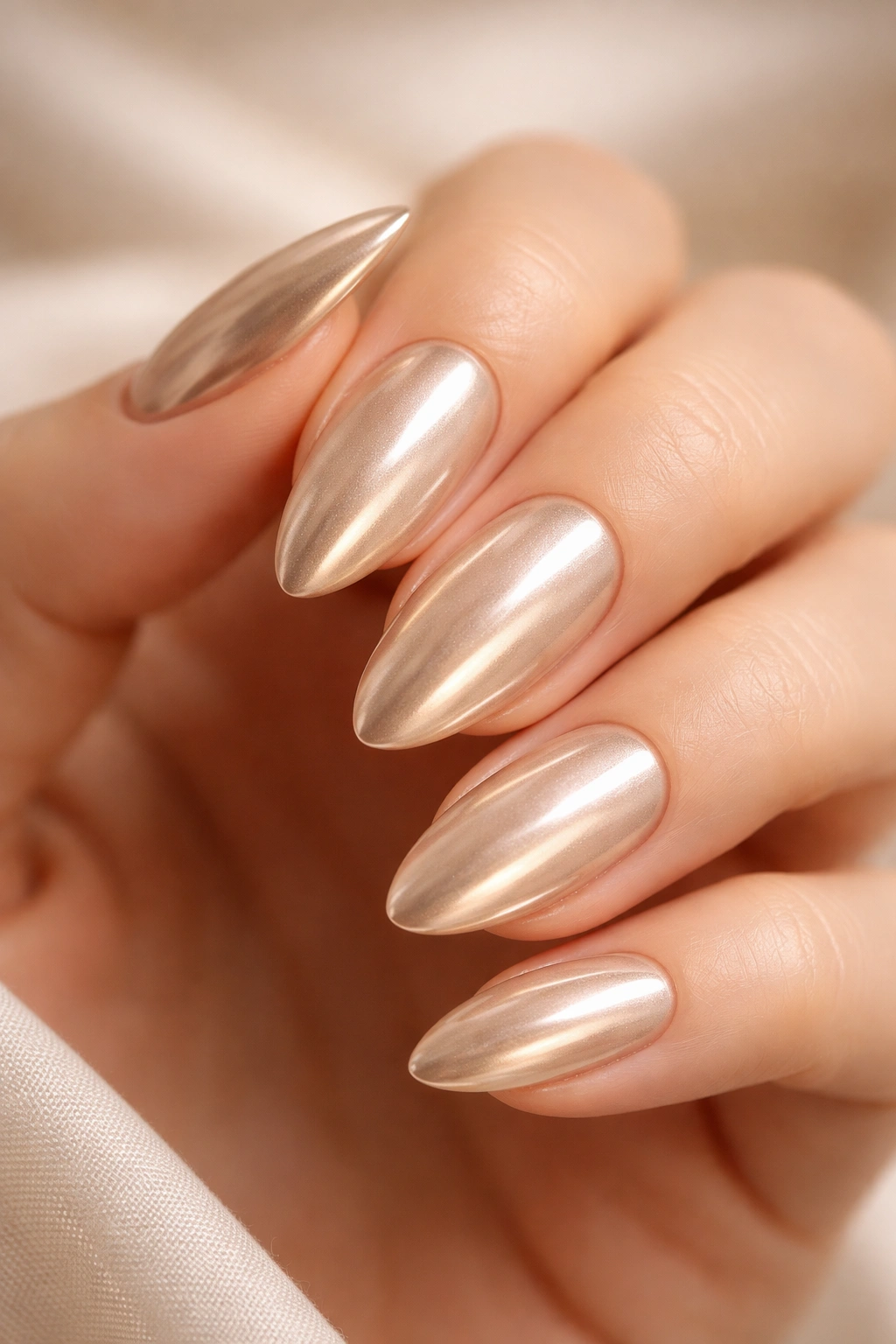 Close-up of champagne chrome almond nails on pale beige base