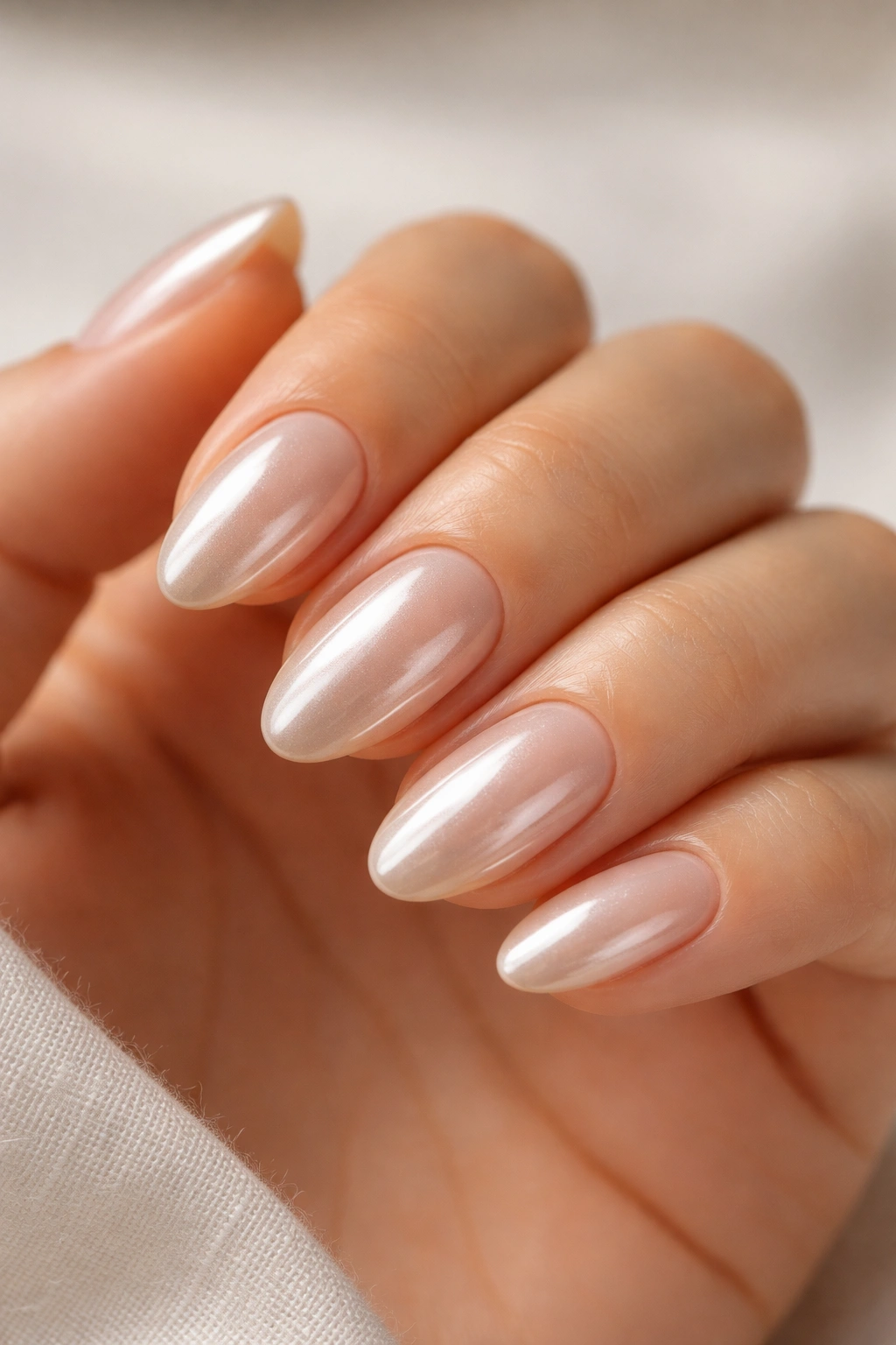 Short almond nails with chrome-glazed pearly overlay on nude base