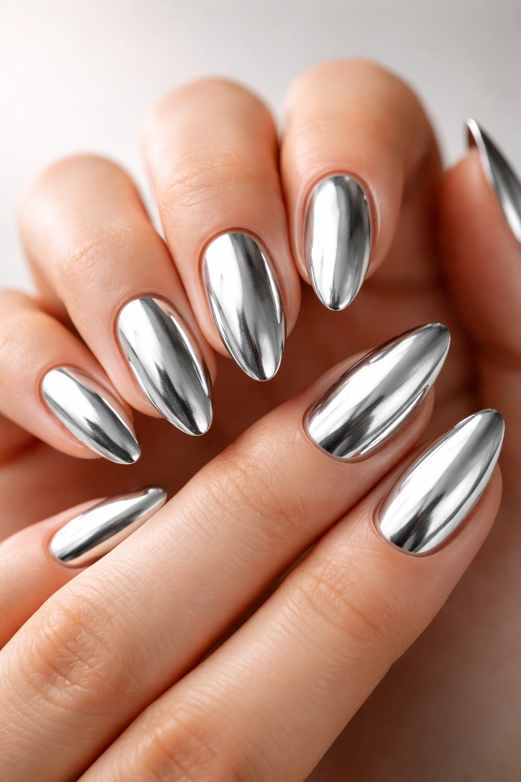 Close-up of chrome almond nails with silver reflective finish on a hand