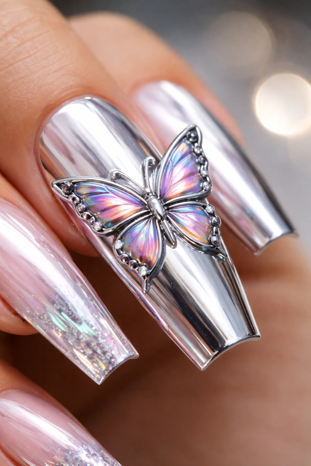 Chrome butterfly design on coffin nails with reflective finish