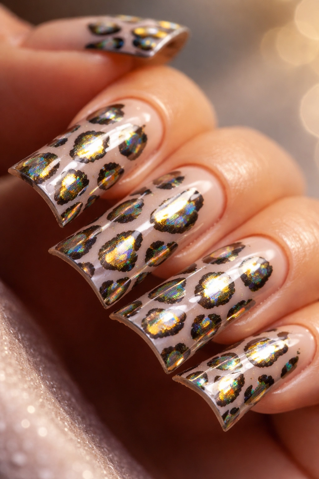 Duck nail with chrome cheetah spots on a glossy nude base