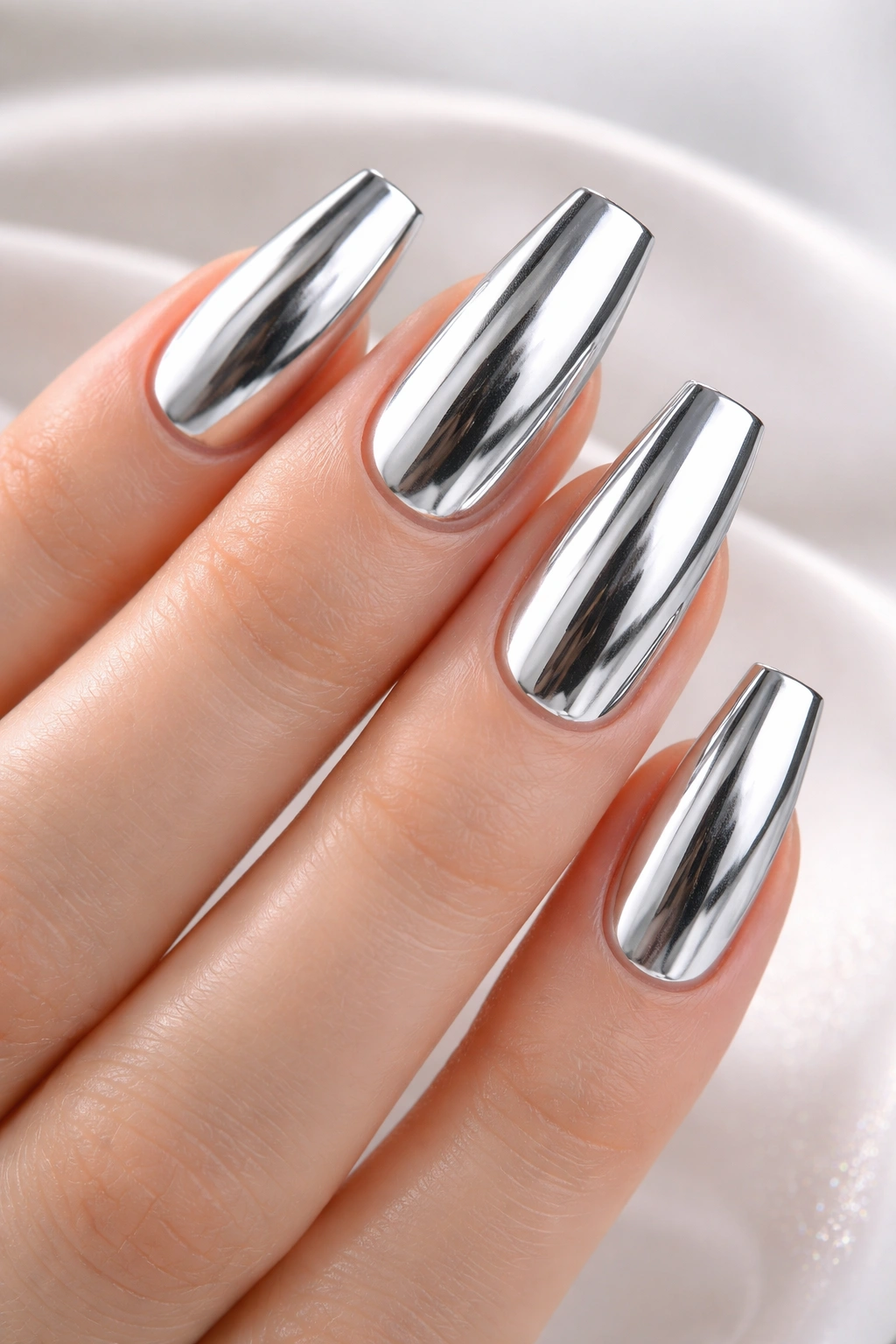 Chrome coffin nails with mirror-like metallic finish