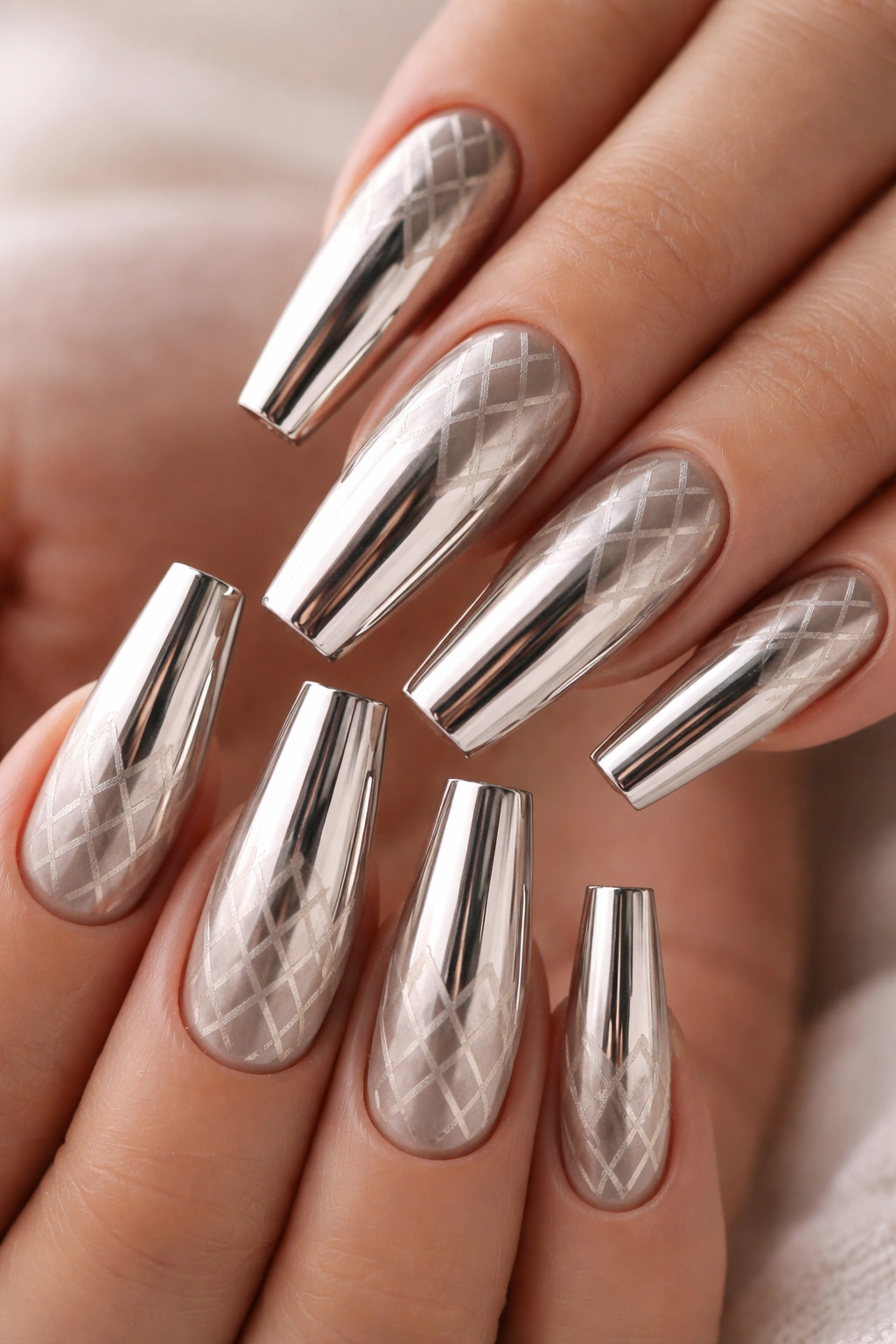 Chrome coffin nails with subtle matte beige diamond pattern overlay