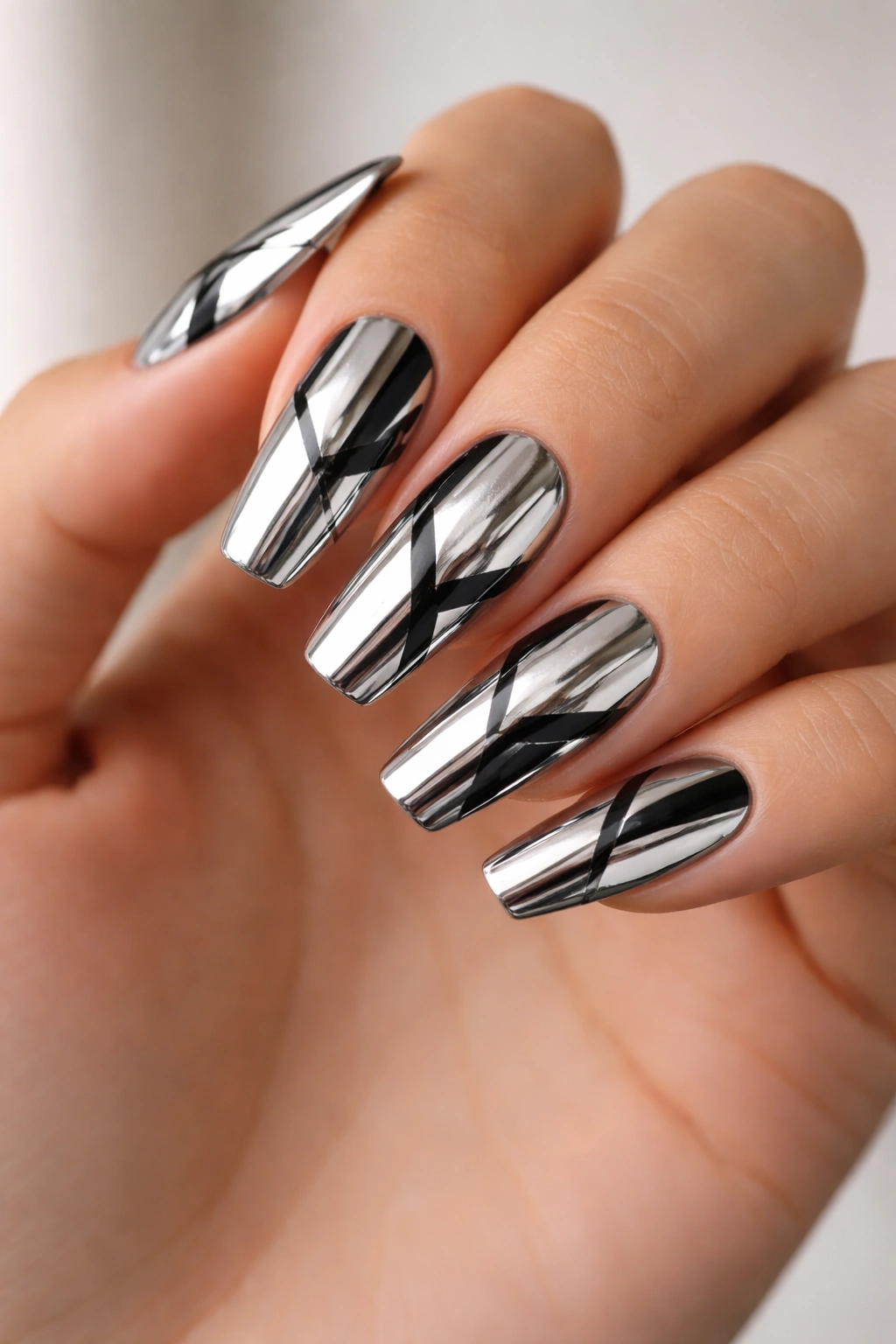 Close-up of chrome coffin nails with black geometric accents