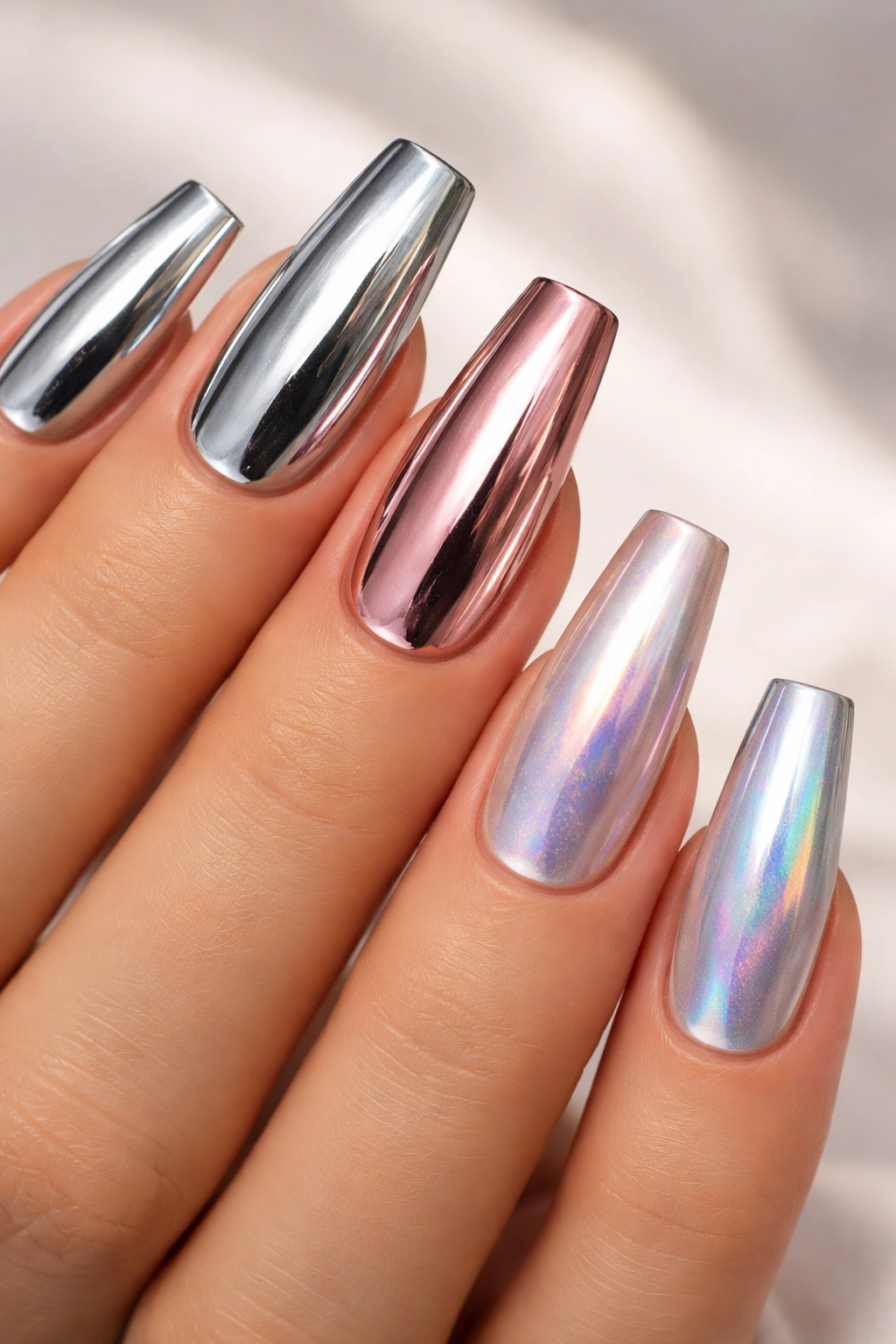 Close-up of chrome mirror finish coffin nails reflecting light on a neutral background